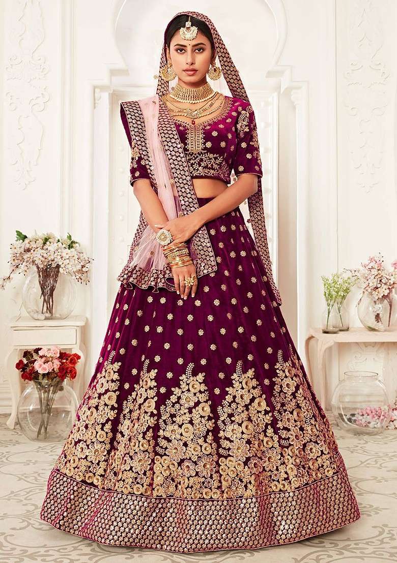 Purple Emboridered Blended Lehenga Choli - Indya