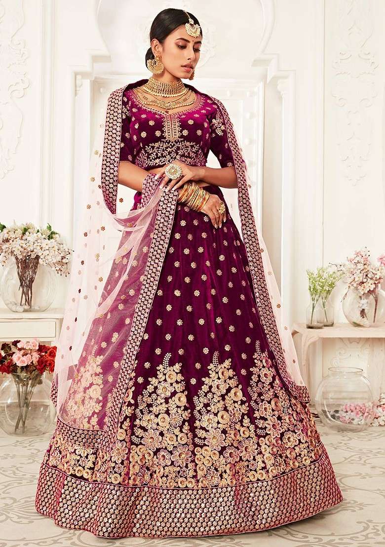Purple Emboridered Blended Lehenga Choli - Indya