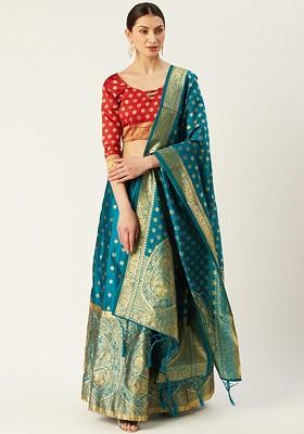 Turquoise Blue Woven Design Blended Lehenga Choli