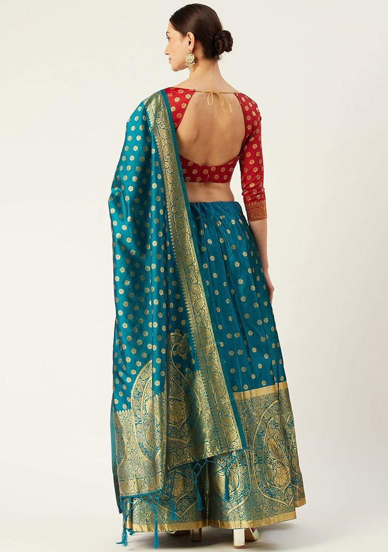Turquoise Blue Woven Design Blended Lehenga Choli - Indya