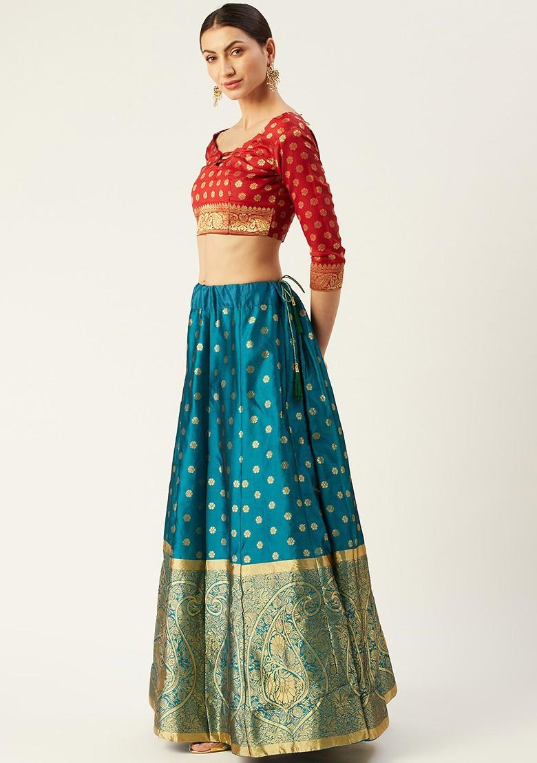 Turquoise Blue Woven Design Blended Lehenga Choli - Indya
