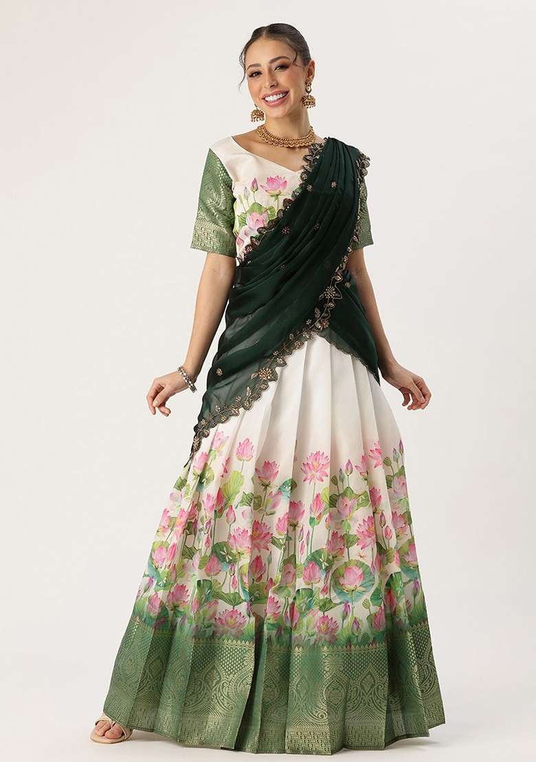 Green Emboridered Blended Lehenga Choli - Indya