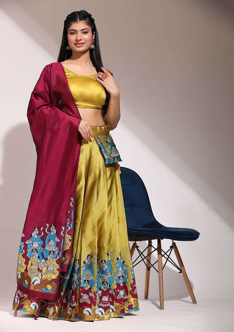 Yellow Printed Blended Lehenga Choli - Indya