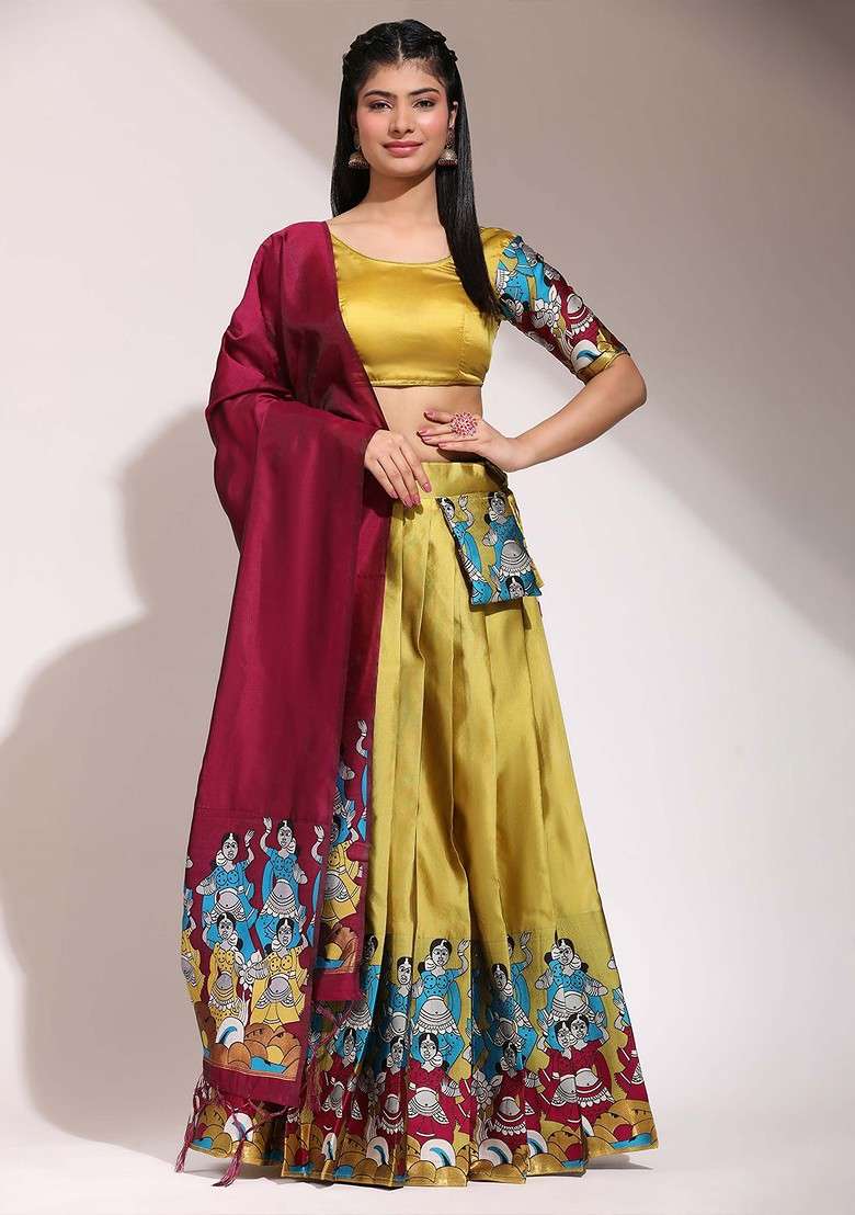 Yellow Printed Blended Lehenga Choli - Indya
