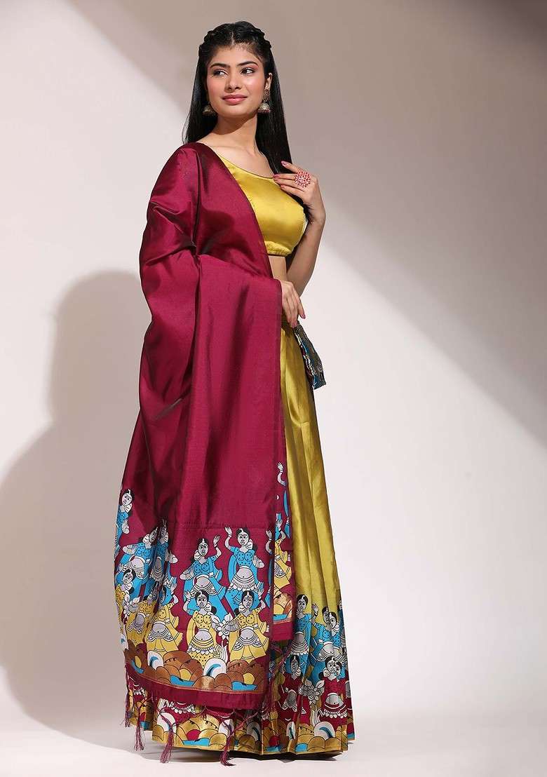 Yellow Printed Blended Lehenga Choli - Indya