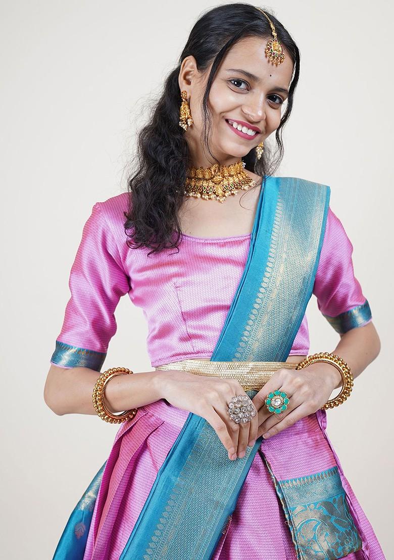 Pink Woven Design Blended Lehenga Choli - Indya