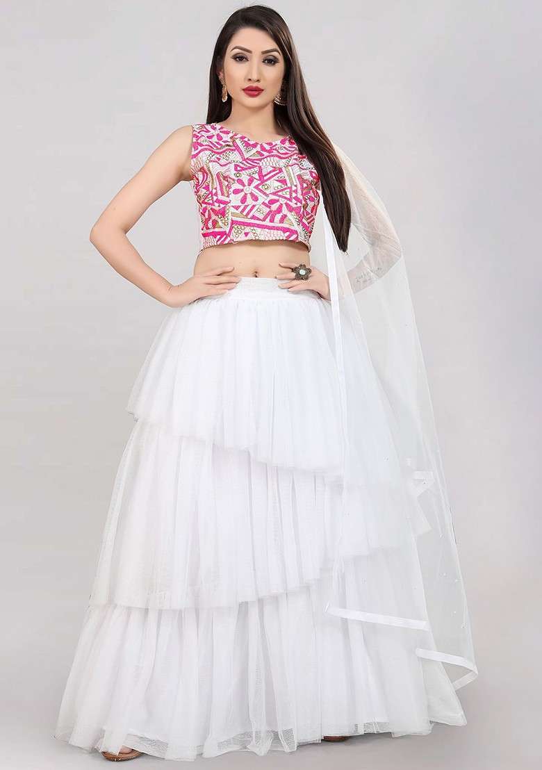 White Emboridered Blended Lehenga Choli - Indya