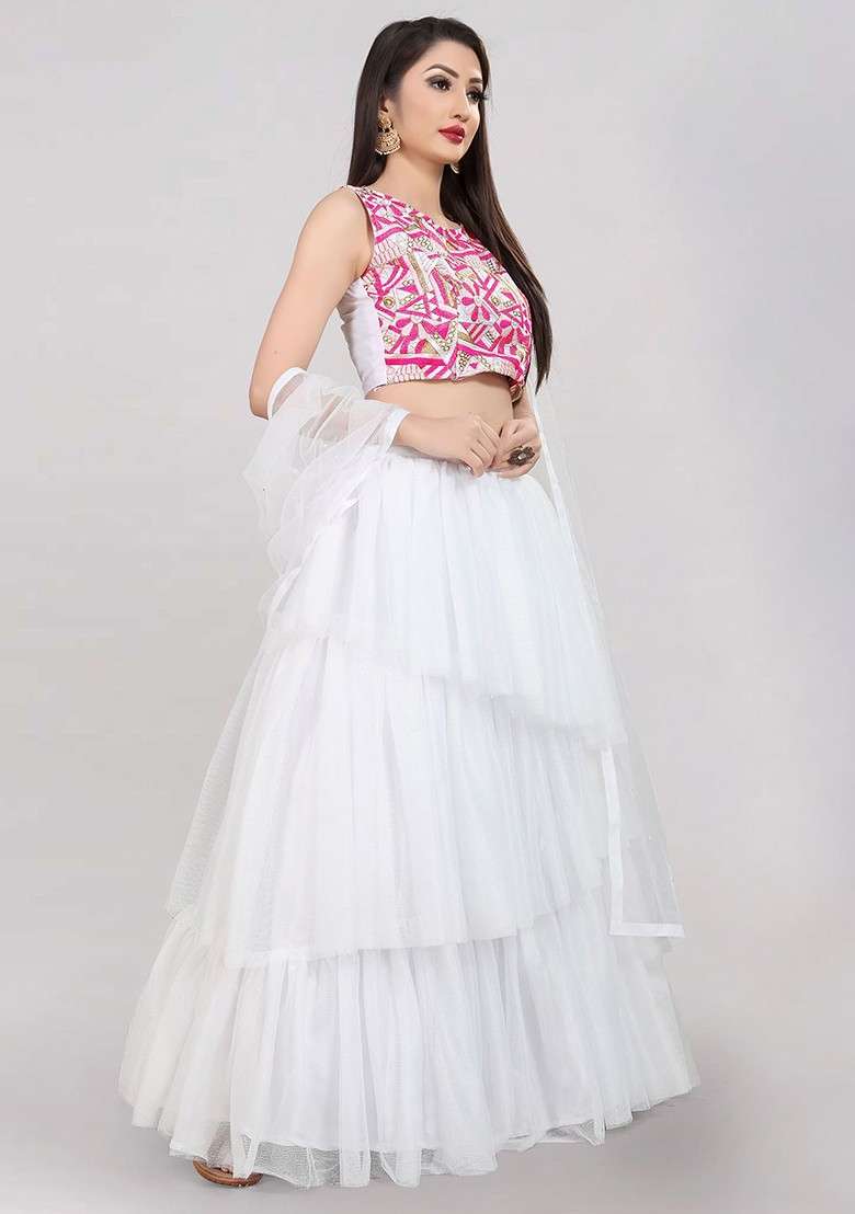 White Emboridered Blended Lehenga Choli - Indya