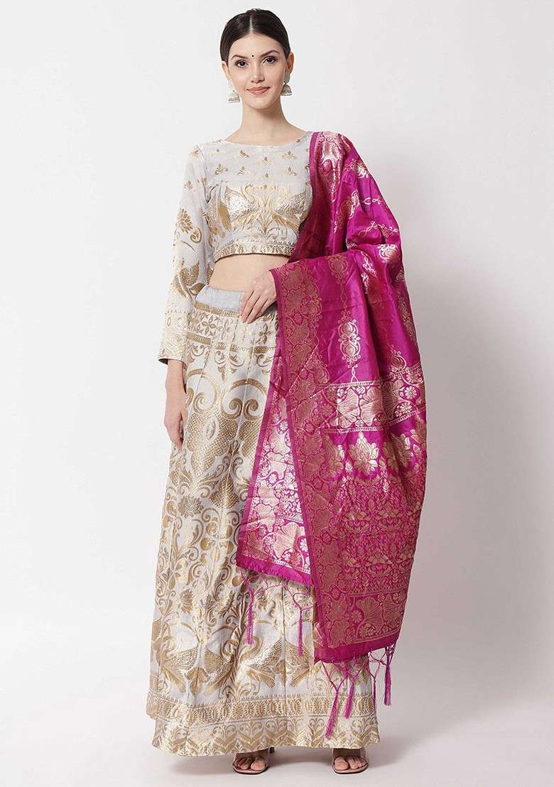 White Woven Design Blended Lehenga Choli - Indya