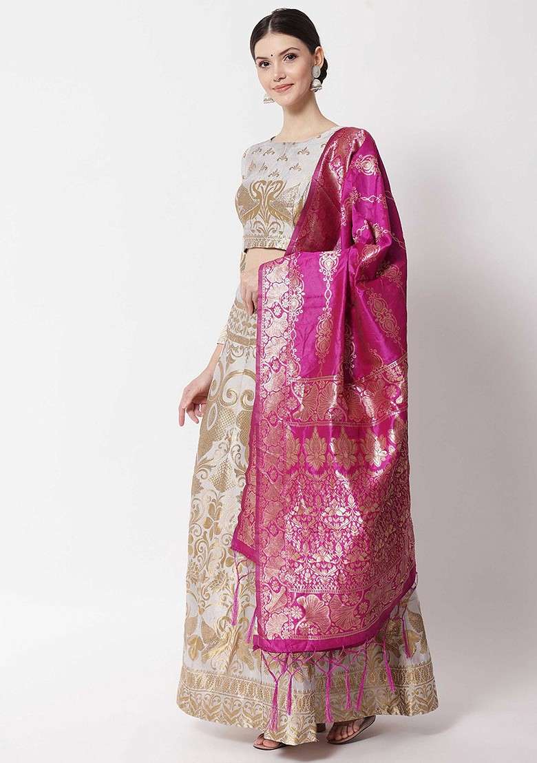 White Woven Design Blended Lehenga Choli - Indya