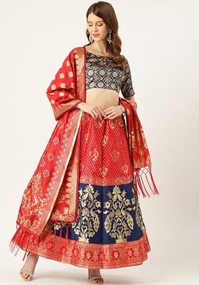 Red Woven Design Blended Lehenga Choli
