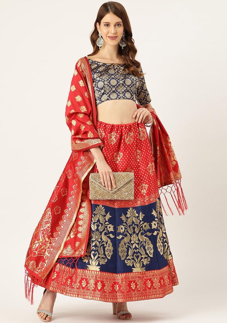 Red Woven Design Blended Lehenga Choli - Indya