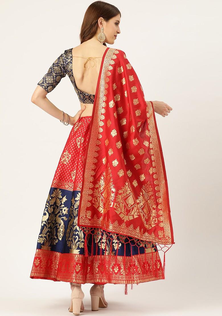 Red Woven Design Blended Lehenga Choli - Indya