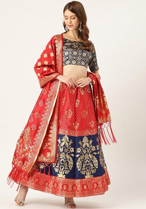 Red Woven Design Blended Lehenga Choli — view on Indya