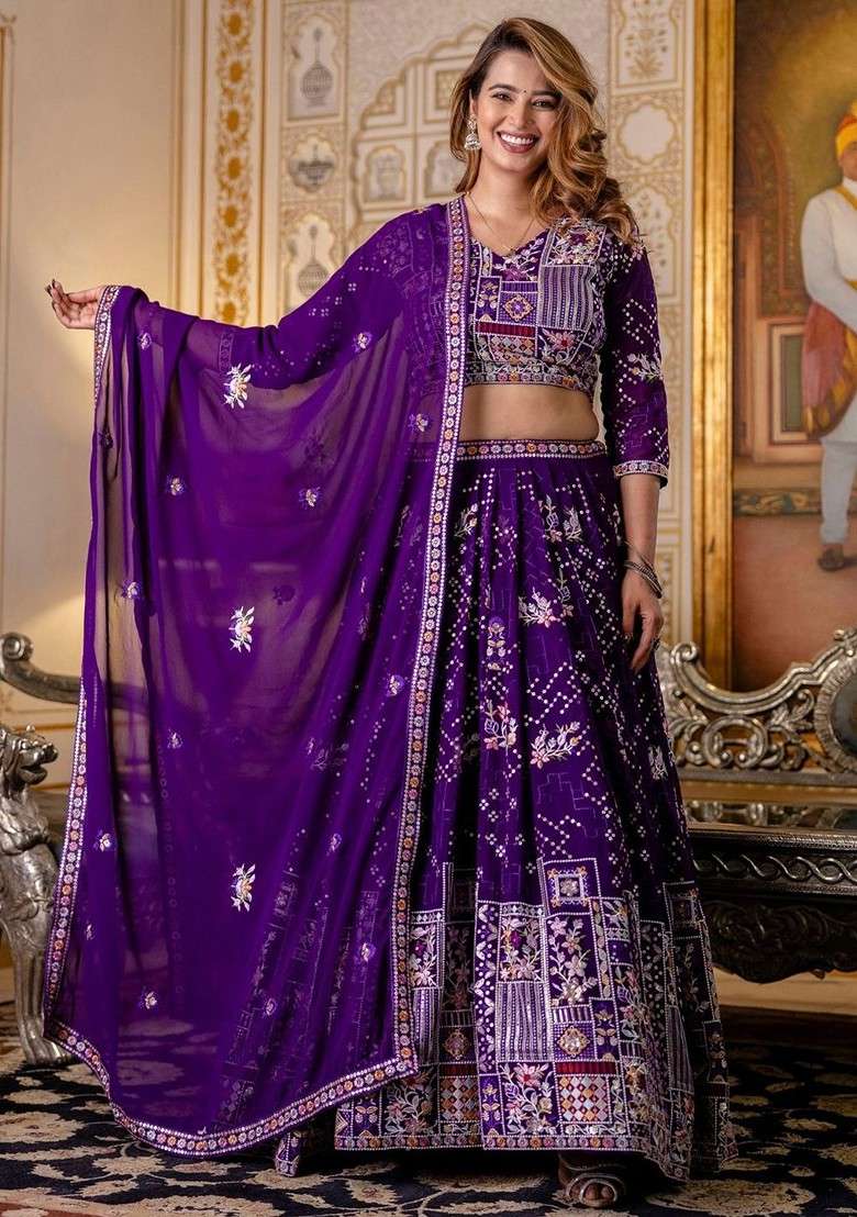 Purple Emboridered Blended Lehenga Choli - Indya