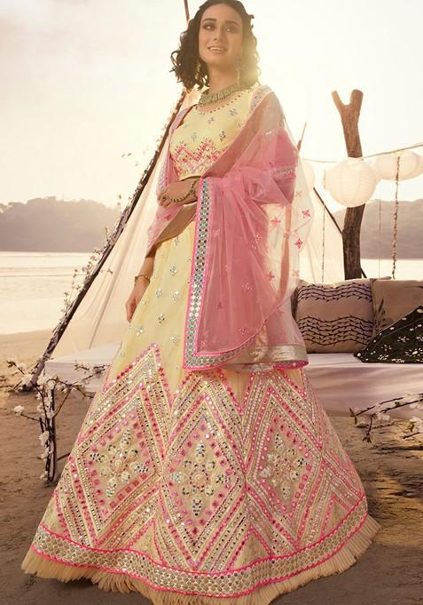 Off White Emboridered Blended Lehenga Choli — view on Indya