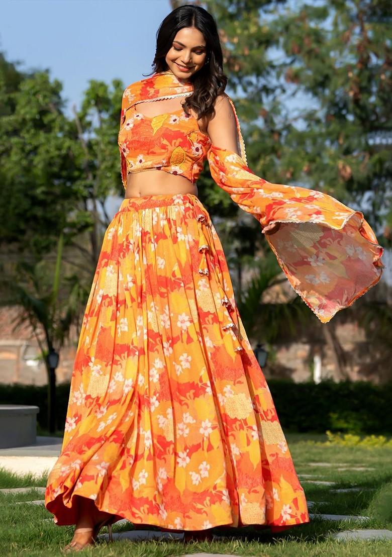 Orange Printed Blended Lehenga Choli