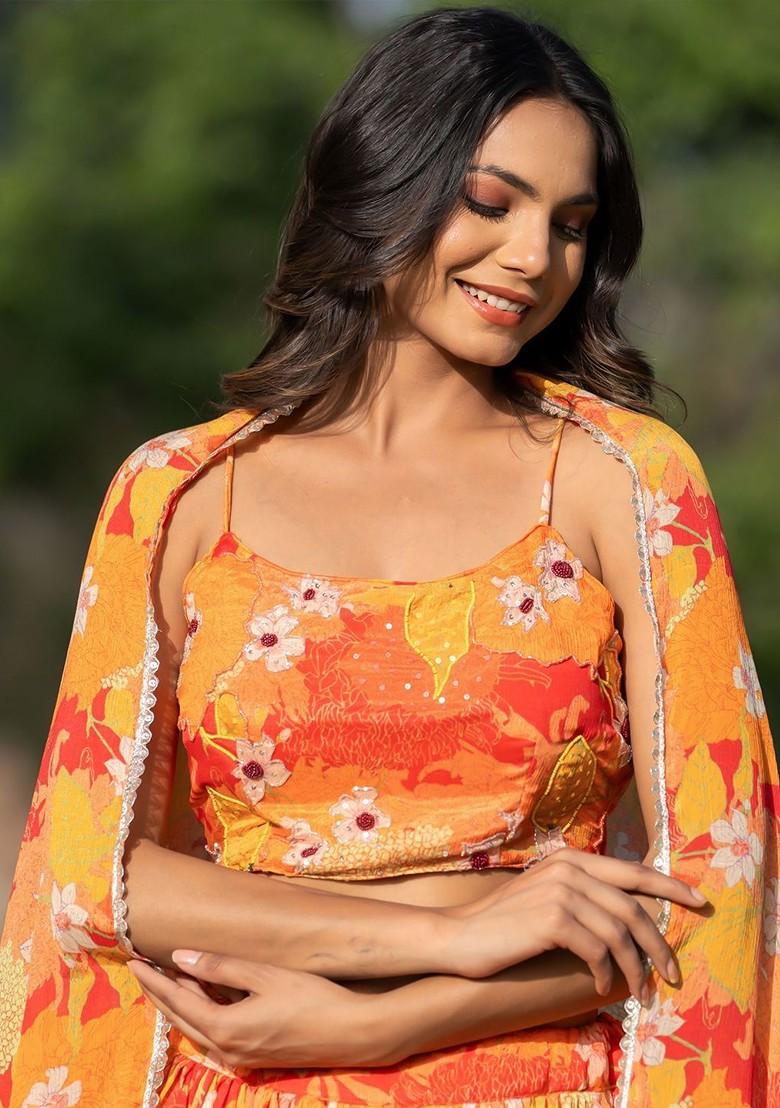Orange Printed Blended Lehenga Choli