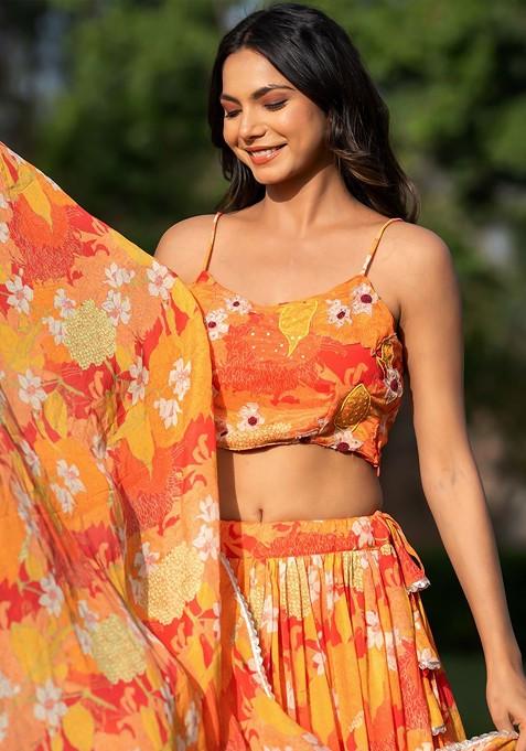 Orange Printed Blended Lehenga Choli