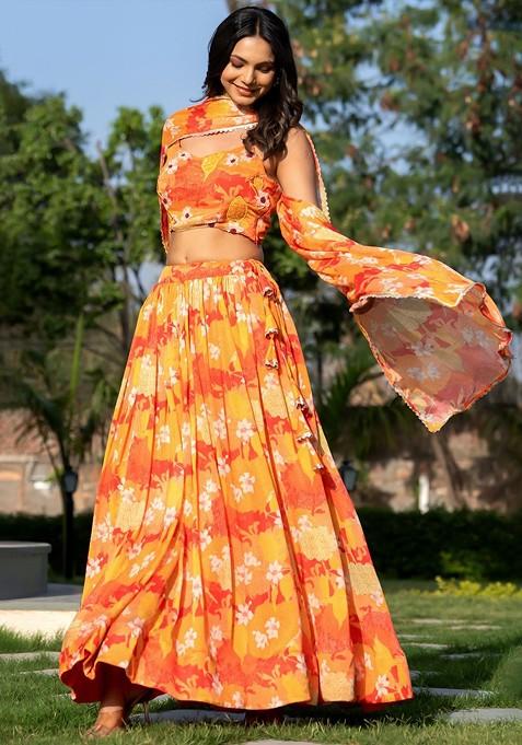 Orange Printed Blended Lehenga Choli
