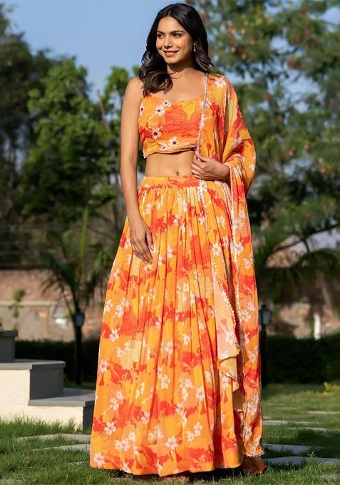 Orange Printed Blended Lehenga Choli