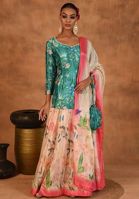 Green Printed Blended Lehenga Choli — view on Indya