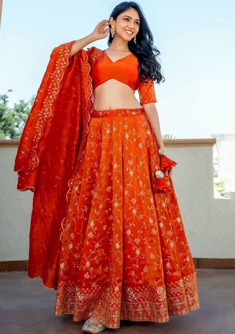 Orange Emboridered Blended Lehenga Choli - Indya