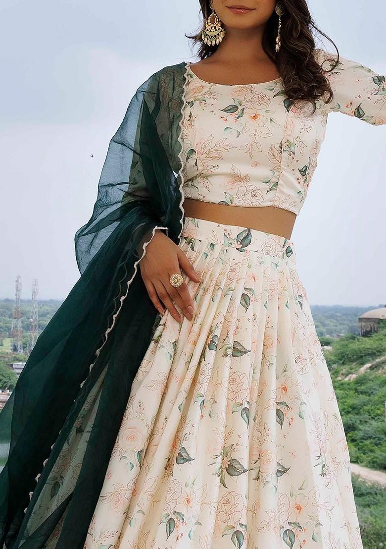 Off White Printed Blended Lehenga Choli - Indya