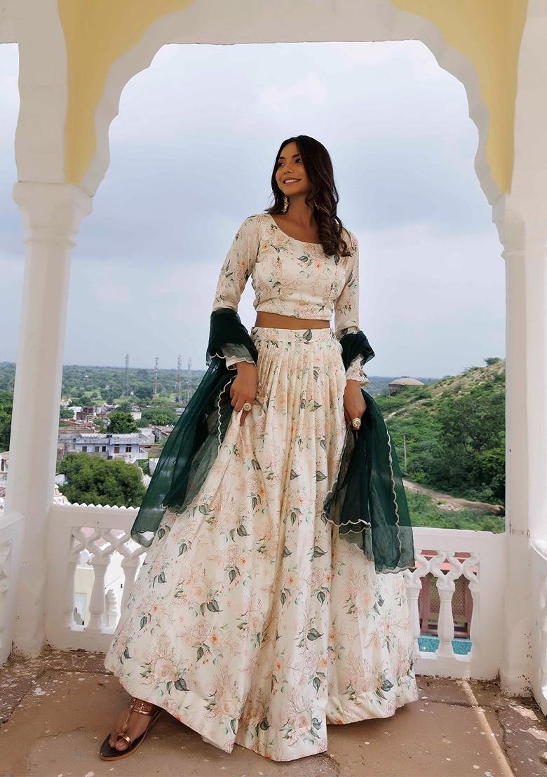 Off White Printed Blended Lehenga Choli - Indya