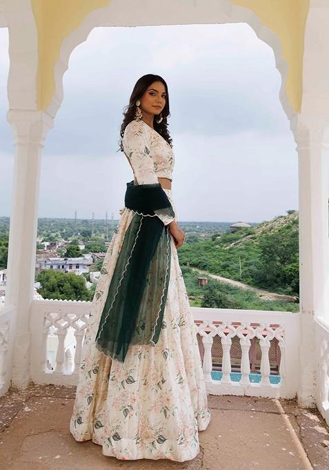 Off White Printed Blended Lehenga Choli