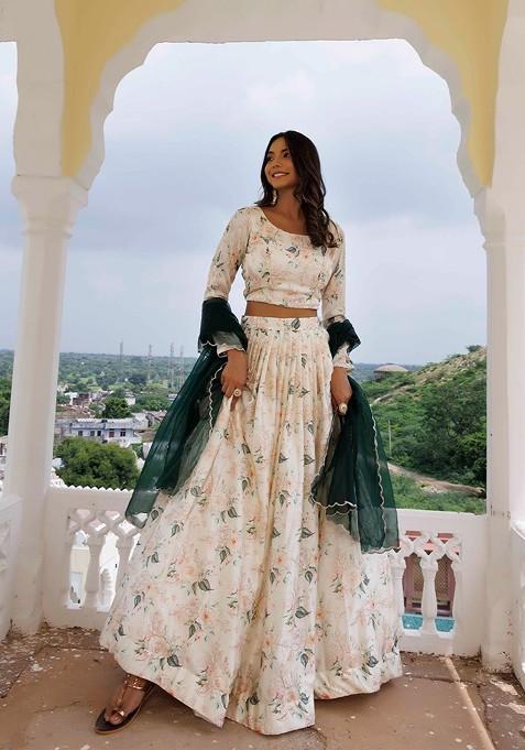 Off White Printed Blended Lehenga Choli
