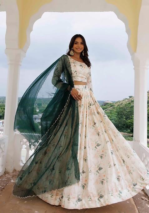 Off White Printed Blended Lehenga Choli