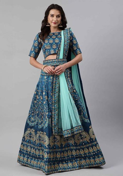 Turquoise Blue Emboridered Blended Lehenga Choli — view on Indya
