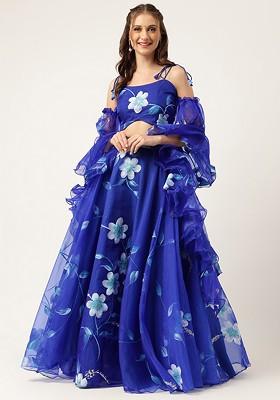 Blue Printed Blended Lehenga Choli