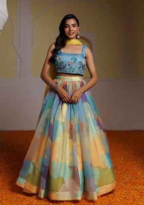 Blue Embellished Blended Lehenga Choli