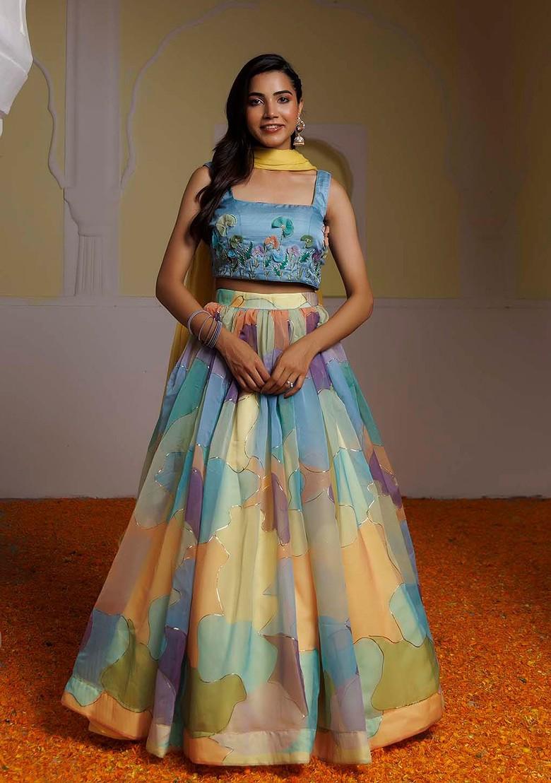 Blue Embellished Blended Lehenga Choli