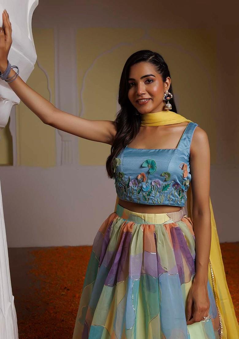 Blue Embellished Blended Lehenga Choli