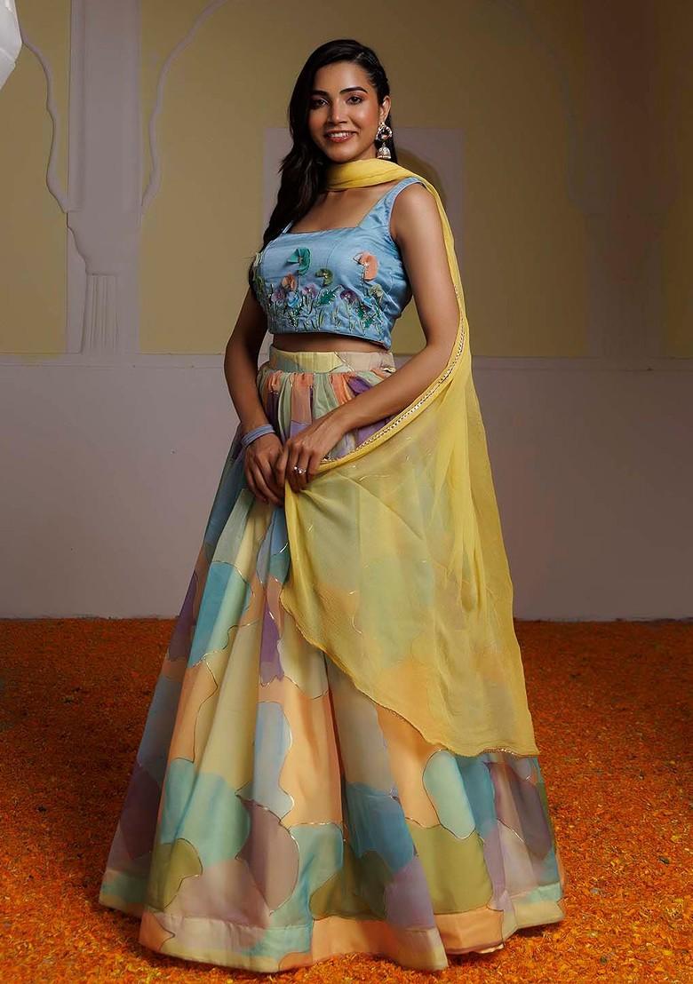 Blue Embellished Blended Lehenga Choli