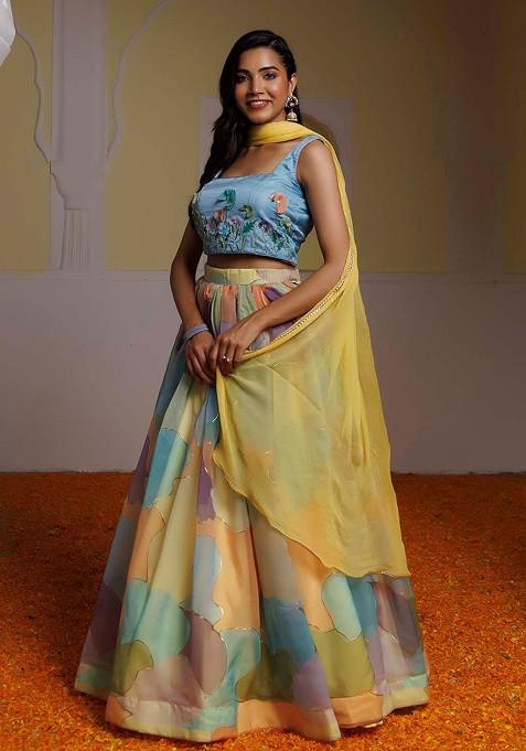 Blue Embellished Blended Lehenga Choli