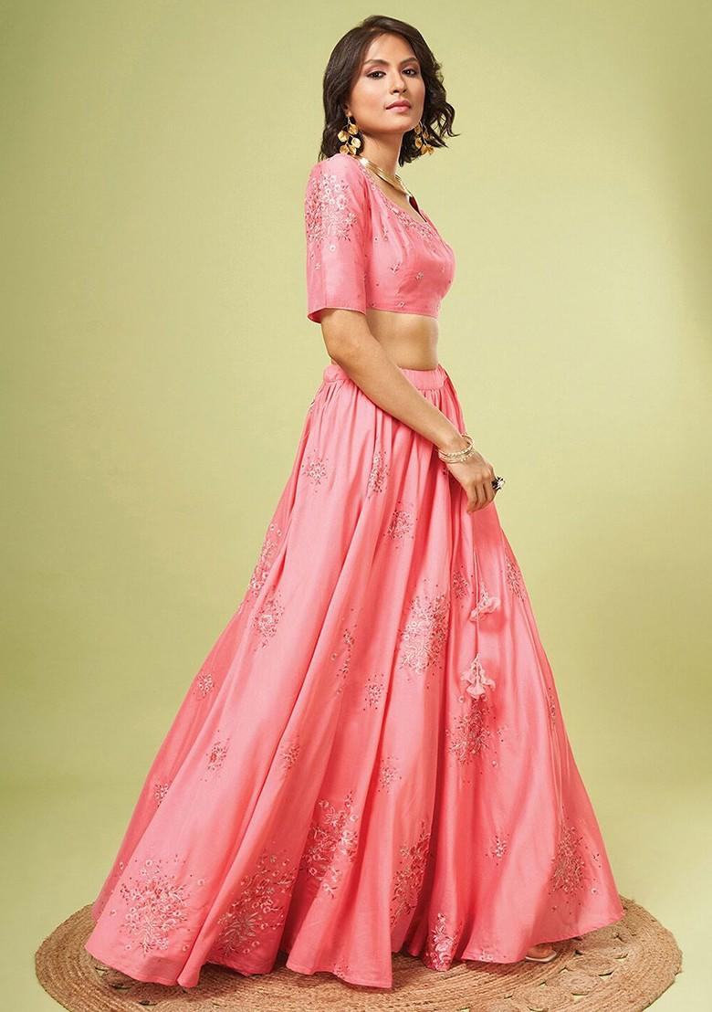 Pink Emboridered Blended Lehenga Choli - Indya