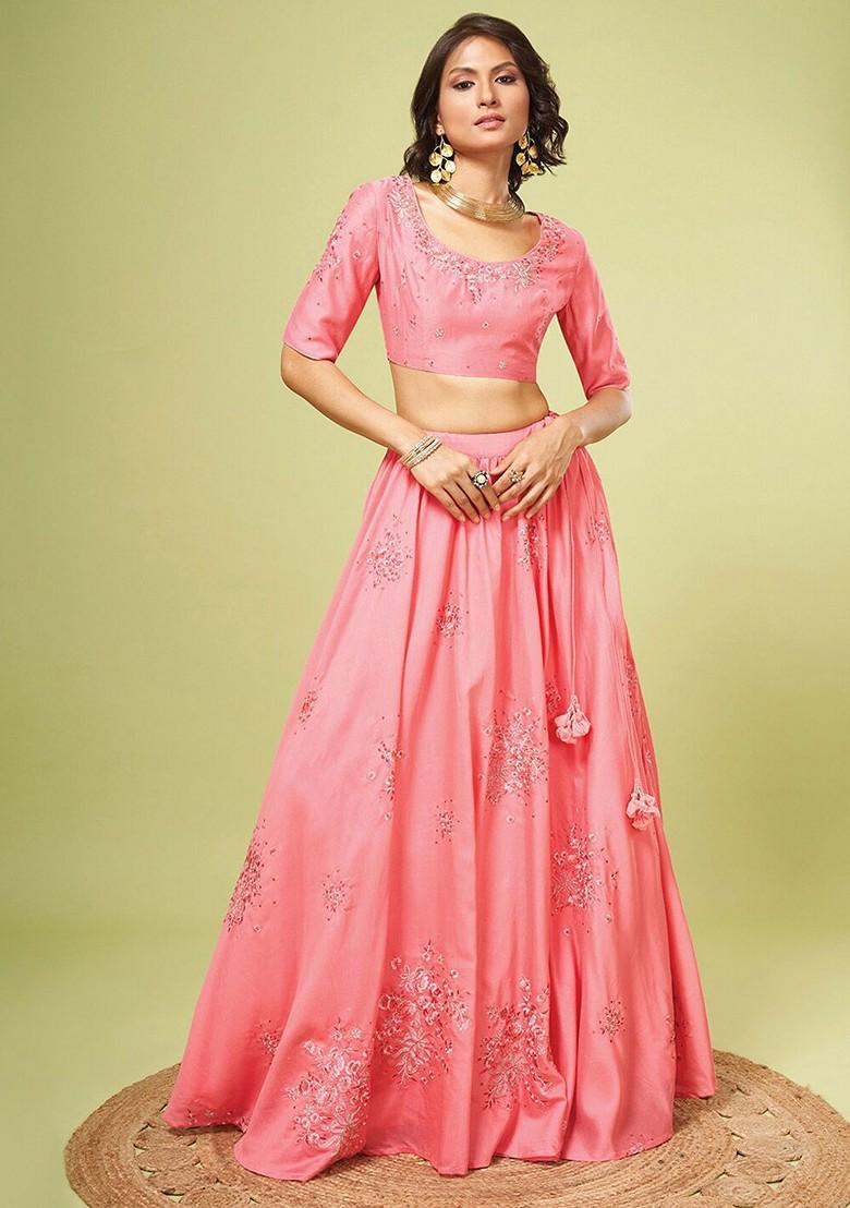 Pink Emboridered Blended Lehenga Choli - Indya