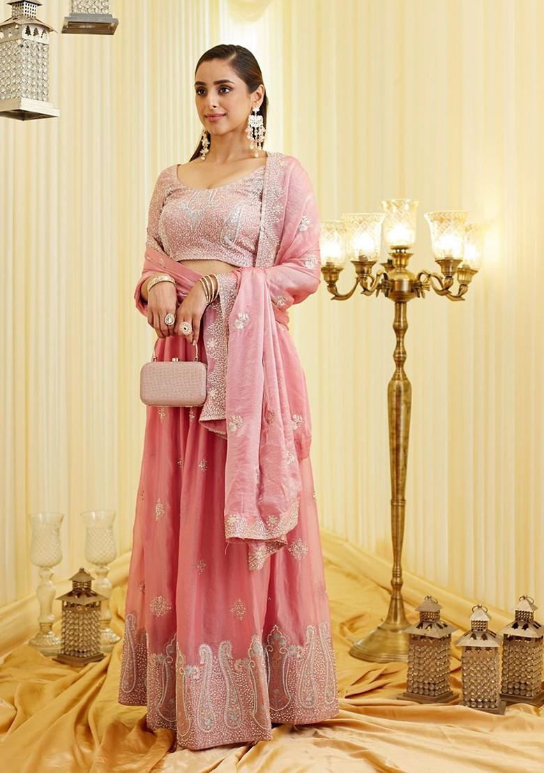 Pink Emboridered Blended Lehenga Choli - Indya