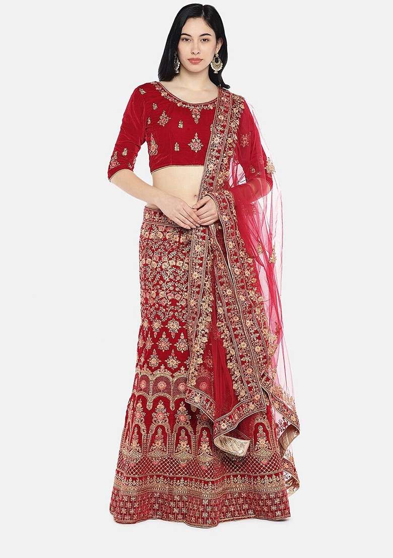 Red Emboridered Blended Lehenga Choli - Indya
