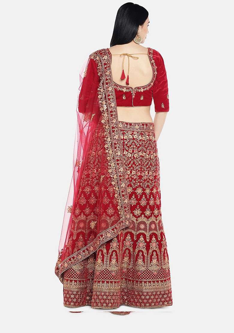 Red Emboridered Blended Lehenga Choli - Indya