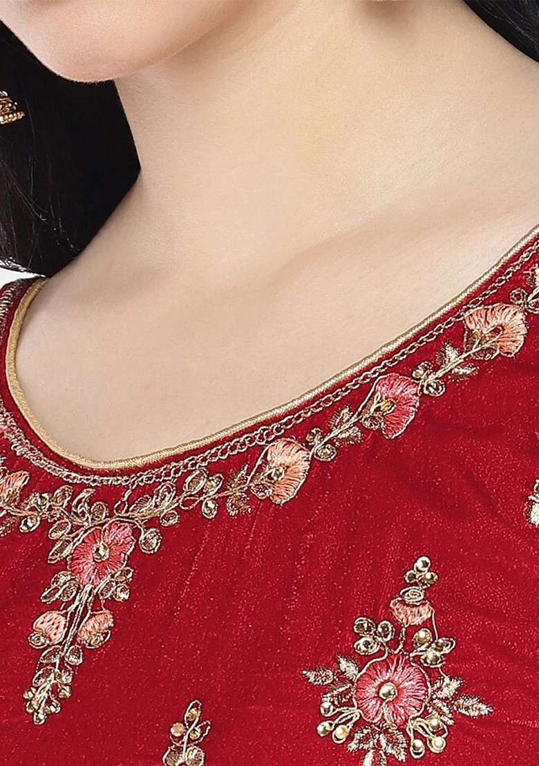 Red Emboridered Blended Lehenga Choli - Indya