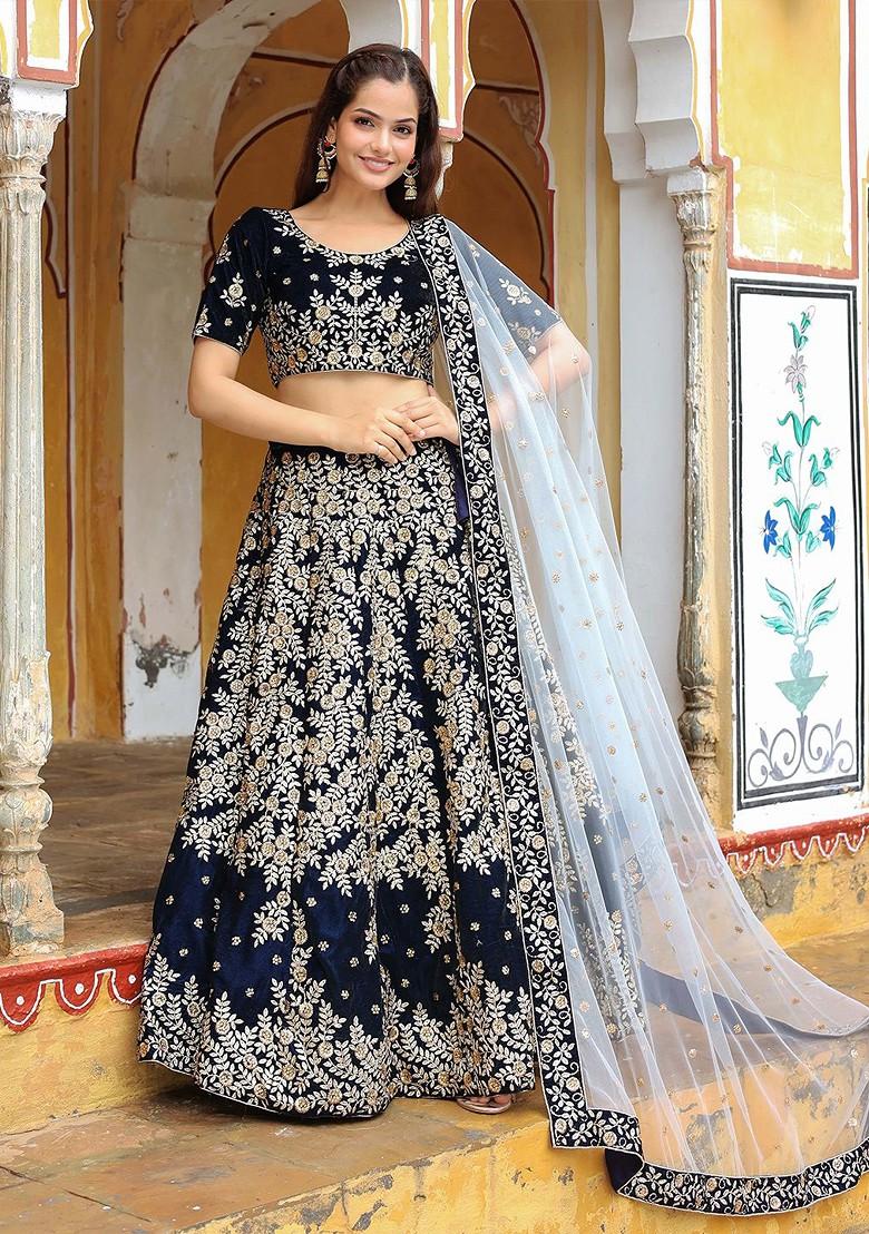 Navy Blue Emboridered Blended Lehenga Choli - Indya