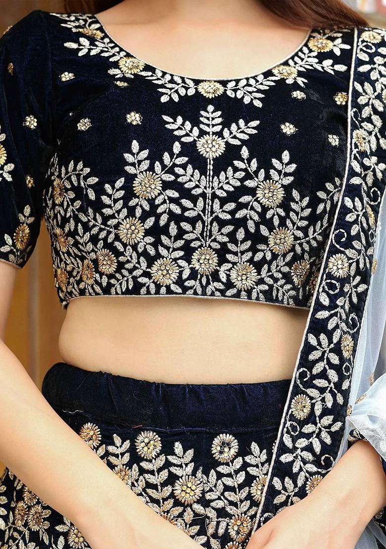 Navy Blue Emboridered Blended Lehenga Choli - Indya