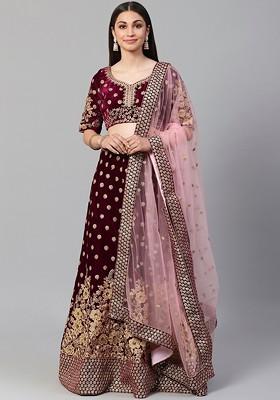 Purple Emboridered Blended Lehenga Choli
