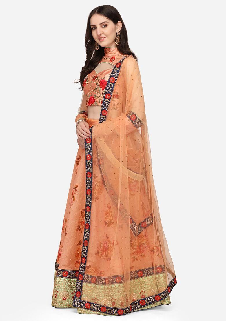 Peach Emboridered Blended Lehenga Choli
