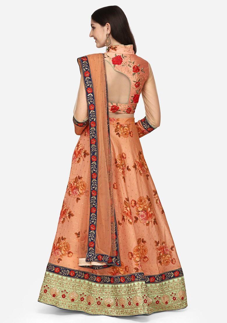 Peach Emboridered Blended Lehenga Choli